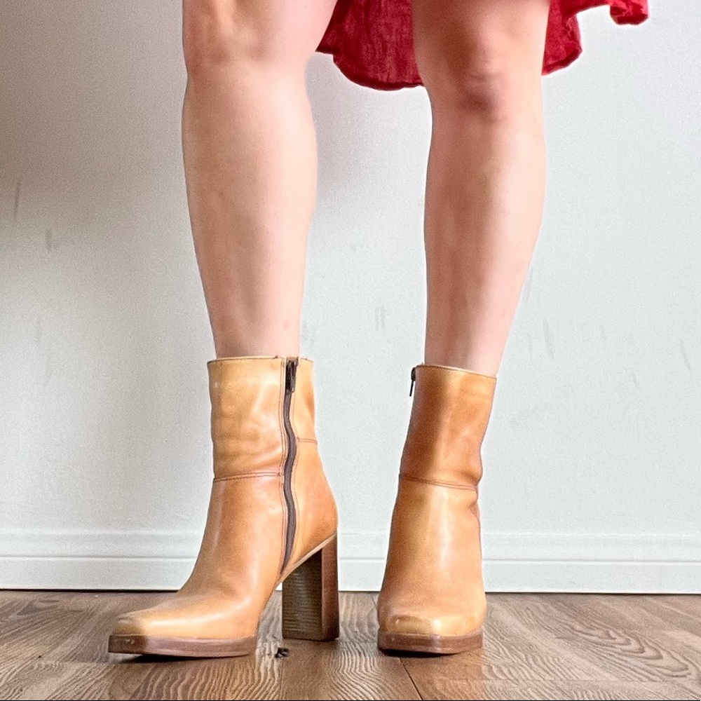Candies Tan Leather Square Toe Boots